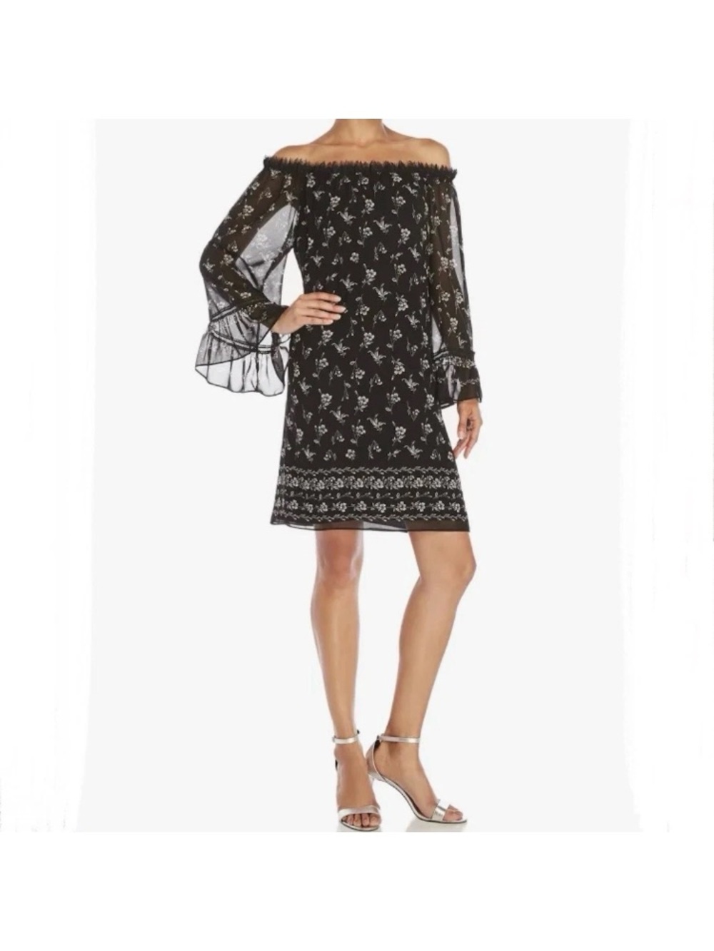 Max Studio Black Off-Shoulder Floral Midi Dress